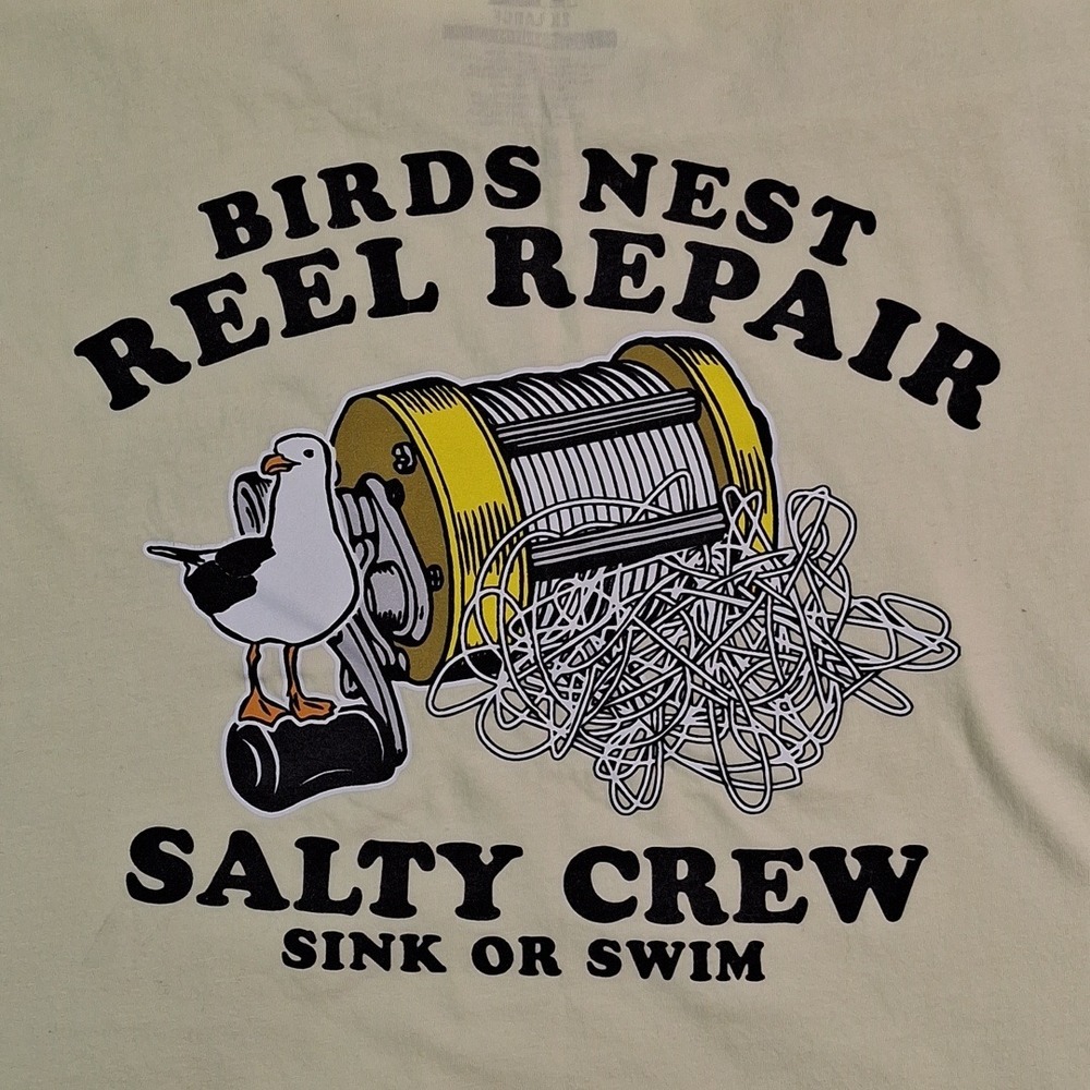 Salty Crew Birds Nest Reel Repair Graphic T-Shirt Mens 2XL Yellow Sink or Swim - Picture 4 of 11